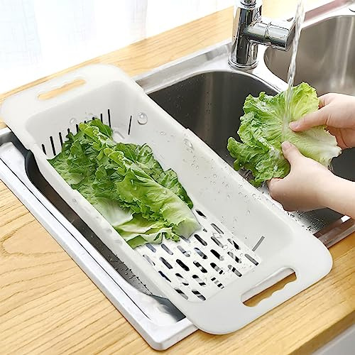 MineSign Extendable Over the Sink Colander Fruits and Vegetables Drain Basket Adjustable Strainer Sink Washing Basket for Kitchen (White)