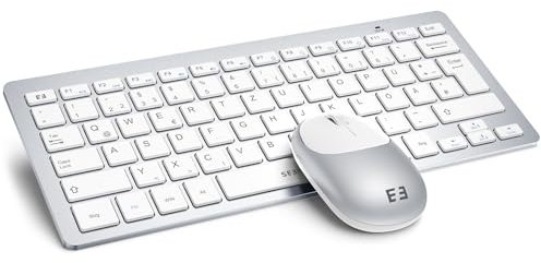 seenda Funktastatur mit Maus, Kleine Tastatur Maus Set kabellos mit USB Empfänger für PC/Laptop/Desktop/TV, Ultradünne 70% Tastatur mit QWERTZ Layout, Weiß & Silber