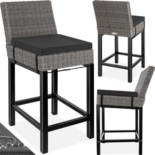tectake® Alu Rattan Barhocker mit Lehne, Bar Hocker mit Kissen und Fußstütze, 45 x 62,5 x 99 cm, Outdoor Barhocker Holz Beine, wetterfest, Bistro Hocker für Theke, Balkon, Garten, Terrasse - grau
