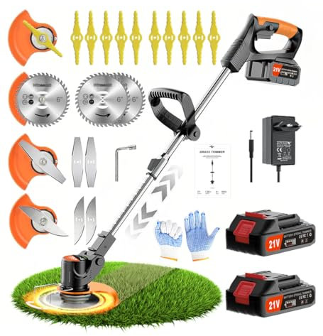 Wrneaoch 3 en 1 Coupe Bordure sans Fil avec Batterie, 21V Debroussailleuse Electrique sans Fil avec 2 pcs 2 mAh Lithium Batterie, Legere pour la Jardin Pelouses et Terres Agricoles