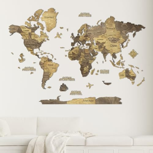 Creatifwood 3D-världskarta i trä för väggdekoration – Mappemonde i trä, väggkonst, vardagsrum, kontor, sovrum (choklad, 200 L x 140 cm, utan ram)