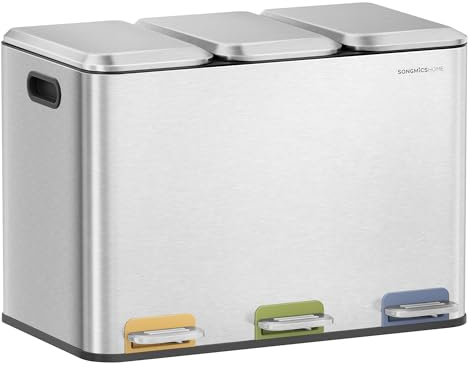 SONGMICS HOME Mülleimer Küche, 3 x 15 L Fächer, Abfalleimer mit farbcodierbaren Pedalen, Mülltrennsystem, mit Deckeln und Inneneimern, Stahl, metallicsilber LTB740E45V1