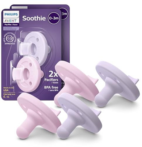Philips Avent Soothie Baby Pacifiers - 100% Silicone Pacifiers for Babies 0-3 Months, One-Piece Design, BPA-Free, Extra Durable, Lilac and Pink, 4 Pack, Model SCF190/70