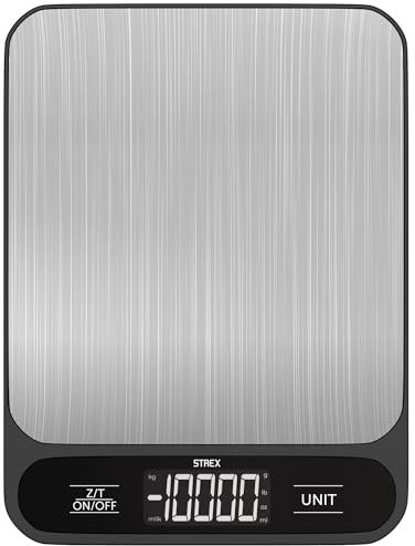 Strex Küchenwaage Digital - Küchenwaage - 1g bis 10kg - Tara-Funktion - Inklusive Batterien - Edelstahl/Schwarz