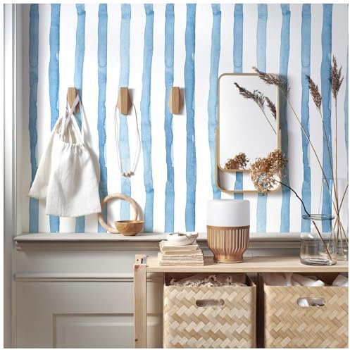 FENTIS Bleu Effet de Larges Rayures Papier Peint Autocollant Blanc Peel and Stick Papier de Contact Plastique à dos Collant Film Vinyle Autocollant Mural Rouleaux pour Cuisine Lavable 44.5x500cm