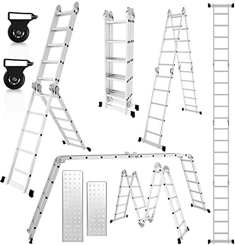 Cecaylie Escalera Multiusos de Aluminio, 4 x 5, 582 cm, 7 en 1, con Plataforma, Escalera con 2 Placas de andamio, Escalera de Trabajo, Escalera multifunción, Escalera Plegable de 20 peldaños, Color
