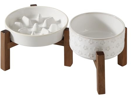 Havniva Elevated Slow Feeder Dog Bowls, 1.2 Cups/7.3 inch Slow Feeders + 6.1 inch Ceramic Dog Food & Water Bowls Set with Acacia Wood Stand Puzzle Bowls for Fast Eater, Small Dogs Anti-Choking