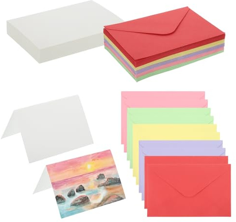 PATIKIL 4x6 Inch Pure Cotton Watercolor Cards, 50 Sets Postcards with Envelopes 140lb/300 GSM for Art Painting Creative Thank Notes, 5 Colors