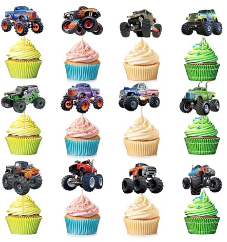 24 PCS Monster Truck Cupcake Toppers Truck Car Theme Birthday Party Decorations Racing Car Theme Birthday Decoration for Boys Girls Baby Shower Kids Cake Decorations Party Supplies