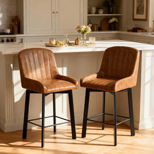 FiveWillowise Lot de 2 tabourets de bar pivotants à 360° - Hauteur d'assise 65,5 cm - En cuir synthétique - Pieds réglables - Avec dossier - Pour îlot de cuisine, bar de maison et comptoir de bar