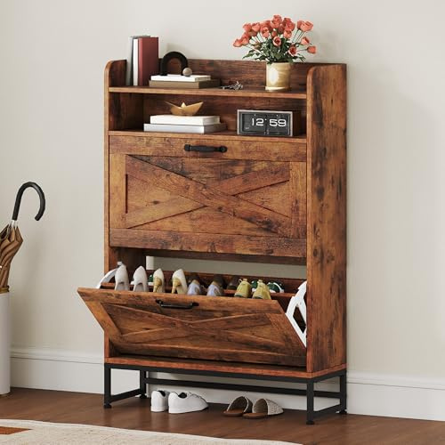 DWVO Shoe Cabinet with 2 Flip Drawers & Open Shelves – Rustic Brown Wooden Shoe Storage Organiser for Hallway, Living Room, Bedroom – Narrow Floorstanding Shoes Cupboard (24x64x114cm)