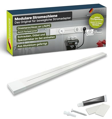 SCHWAIGER konfigurerbart utbyggbart VDE-kontrollerat grenuttag i aluminium – Individuell modulär strömskena – 100 cm – Modern – Fast installation – Vit