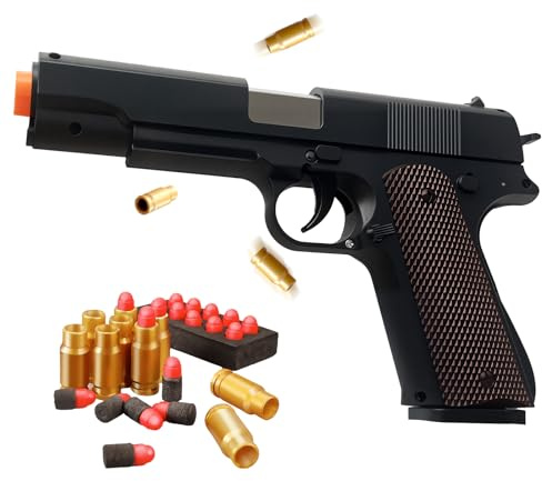 Wood Grain Foam Blaster Pistol with 2 Detachable Magazines, 40 Shell Casings, 50 Soft Bullets, Great Birthday for Boys and Girls, Realistic Action with Shell Ejection