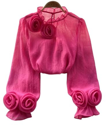 Volangblus för dam, chiffongblus med volangblus för kvinnor, lyktärm, mode, smal, lös, semester, ledig, chic, sommar för fester, Rosa röd, Ett Storlek
