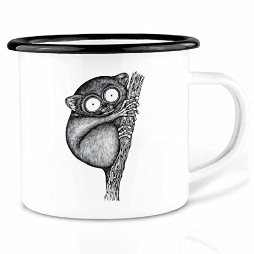 Ligarti Emaille Tasse (leicht & robust) | Camping Becher handveredelt in Deutschland | Trinkbecher für Kinder, Kaffeetasse, Emaillebecher (Koboldmaki (Lemur), 300ml)