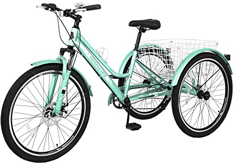 Barbella Adult Mountain Bike, 7 Speed Three Wheel Bike Mountain Tricycle Adult Tricycle Cruiser Trike, 24/26/27.5 Inch Adults Trikes with Shopping Basket, Exercise Men's Women's Tricycles