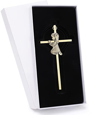 DCCXN Regalos de bautismo para niñas, cruz bautismal personalizada de metal de 6 pulgadas con niña bendición para regalo de baby shower, primera comunión, bautizo, oro brillante