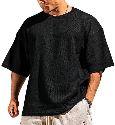 Muscle Alive Uomo Basic Magliette a Maniche Corte Cialda Felpa Perdere Peso Allenamento Maglione Maglia Girocollo Nero L