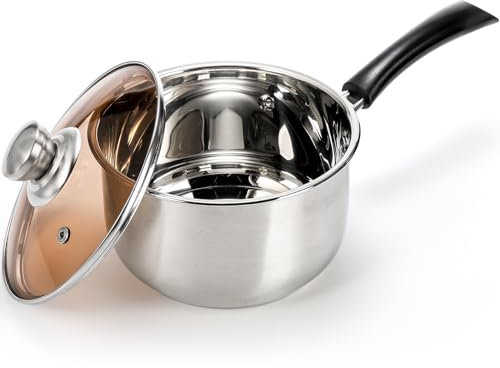 ZEAYEA Saucepan with Glass Lid, 2 Quart Stainless Steel Milk Pan with Long Heatproof Handle, Multipurpose Induction Small Pot for Home Kitchen Restaurant Cooking