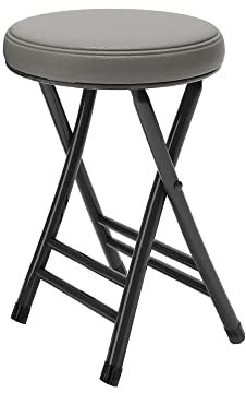 Balama Sgabello in metallo nero e grigio pieghevole imbottito 50 x 30 x 30 cm con blocco di sicurezza, più stabile con 2 barre trasversali, con guida per pavimento e robusta ecopelle (grigio)