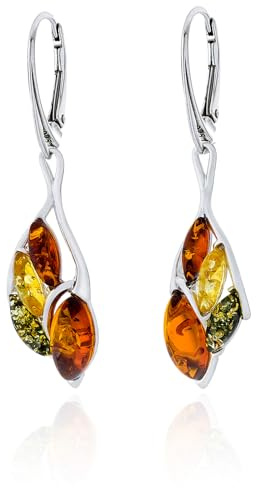 AMBEDORA Sabine Boucles d'oreilles pour femme en argent avec ambre, argent sterling poli et ambre de la Baltique de couleur cognac, vert, citron, Argent sterling