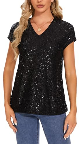 MINTLIMIT Womens V Neck Tops Cap Short Sleeve T-Shirt Glitter Sparkly Tunic Blouse Club Night (Black M)