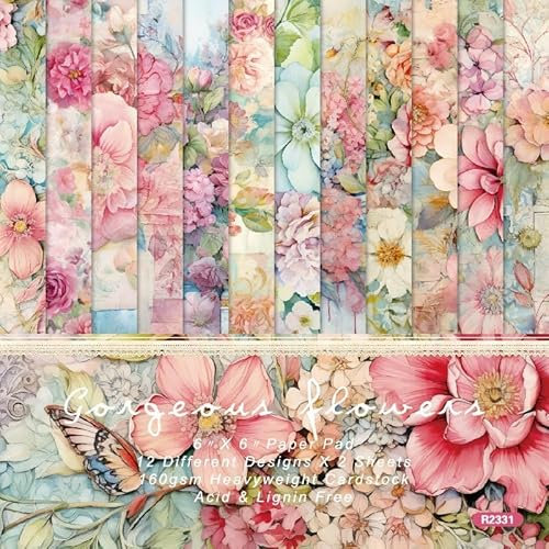 Scrapbooking Papier Blumen, 24 Blatt Scrapbook Papier 15x15 cm, Decoupage Papier Blumen Bastelpapier Blumenmuster Designpapier, Scrapbook Zubehör für DIY Tagebuch, Karten, Alben, Basteln, Notizbuch