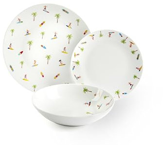 Excelsa Honolulu Servizio Piatti 18 Pezzi, Porcellana, Set 6 Persone, Bianco con decorazioni