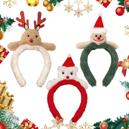 3 Piezas Diadema de Navidad Cintas para Cabeza de Navidad Papá Noel Hombre de Pan de Jengibre Reno Aros de Pelo de Navidad Diadema de Peluche Accesorio de Navideñas para Mujeres Niñas Fiesta Disfraz