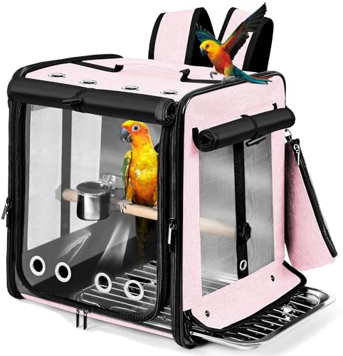 Suertree Bird Carrier with Seat Belt for Car Travel, Bird Backpack Carrier with Indestructible Stainless Steel Mesh, Large Bird Carrier Travel Cage, Pink