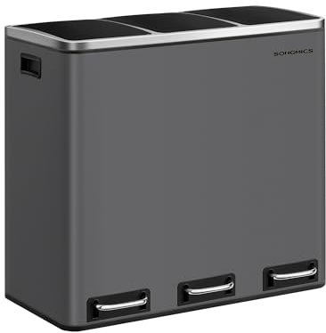 SONGMICS Cubo de Basura para Cocina, 3 x 18 L, 3 Compartimentos para Reciclaje, 15 Bolsas, Residuos, Restos de Comida, Tapas de Cierre suave, Pedales, Cubetas, Acero, Gris Mate LTB054G01