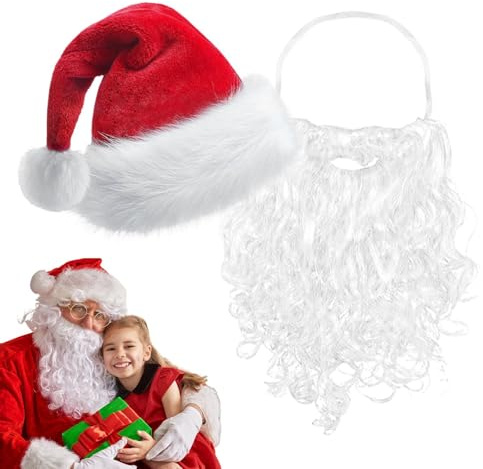 Gorro y Barba de Papá Noel para Adultos,Gorro y Barba de Navidad - Conjunto de barba y sombrero para cosplay - Gorro de Navidad con barba blanca de Papá Noel para hombre y mujer, disfraz de Navidad
