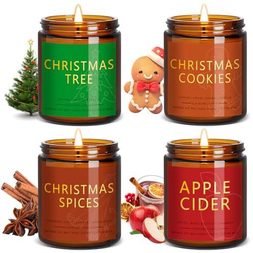 Christmas Candle Gift Set, 4 Pack 7 oz Soy Scented Candles for Home, Holiday & Birthday Gift for Women & Men, Includes Christmas Tree, Cookies, Spices & Apple Cider, Winter Holiday Home Decor