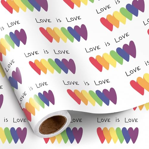 Ruspepa Regnbågshjärta omslagspappersrulle, minirulle, Love is Love text med regnbågshjärtdesign, färgglad presentinslagning för födelsedagar, pridemånadsfirande, 43,2 cm x 5 m