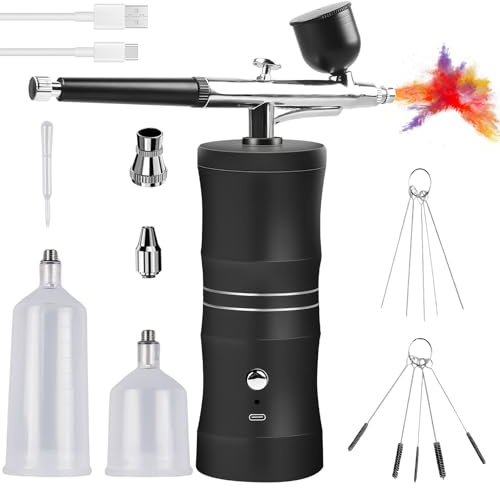 GOMETY Aerógrafo con compresor, kit de 34 PSI con boquilla de 0,4 mm, pistola pulverizadora inalámbrica recargable para grafitis, tatuajes, uñas, maquillaje y decoración de tartas.