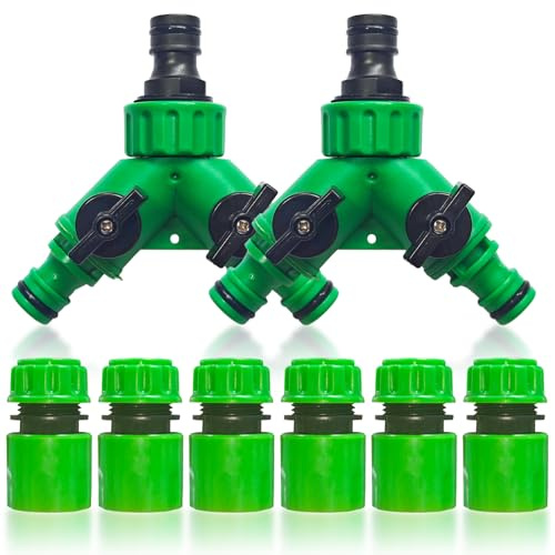 DITK-U Conector de manguera de jardín Distribuidor de agua Y Conector de manguera de agua 2 piezas 3/4 pulgadas 2 vías Distribuidor de agua con válvula 6 conectores de manguera 1/2 pulgadas para
