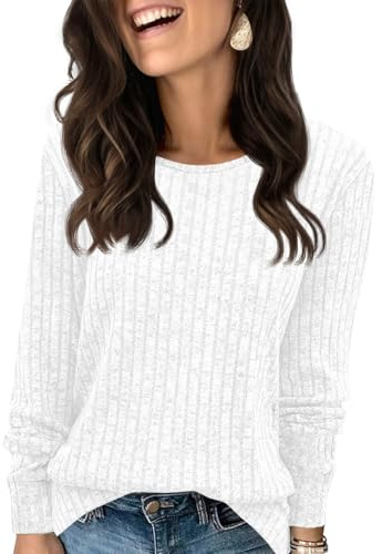 Fisoew Maglione da Donna, a Maniche Lunghe, Leggero, Girocollo, Casual, a Maglia, Bianco, M