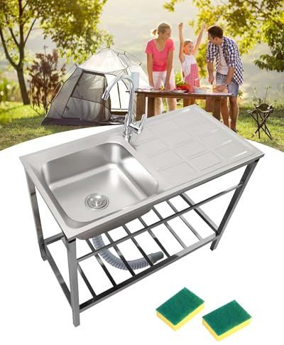 Portátil Fregadero De Acero Inoxidable Comercial 75x40xH75cm Fregaderos Exterior Cocina Independiente con Grifo Y Banco De Trabajo Ahorra Espacio Multiusos Para Lavandería Jardín(75x40xH75cm)