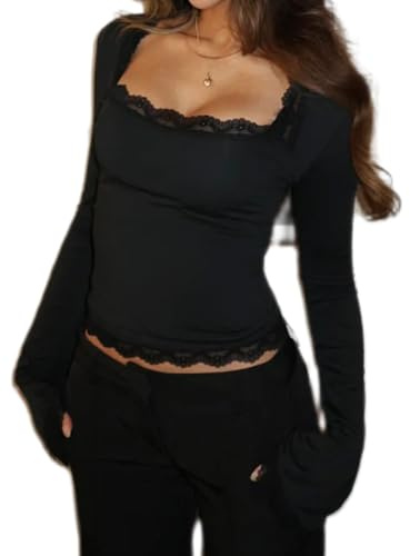 Women Square Neck Long Sleeve Top Y2k Lace Trim Slim Fit Basic Blouse Ruched Fall Going Out Trendy Shirts Streetwear