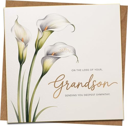 Tarjeta de condolencias por la pérdida de nieto, diseño de lirio de cala, cuadrada de 145 mm x 145 mm, tarjeta texturizada premium, interior en blanco, incluye sobre de papel kraft