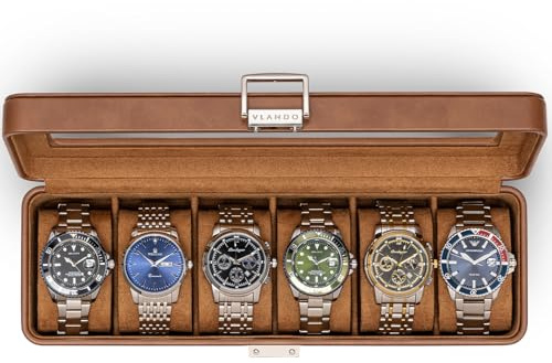 VLANDO Uhrenbox Herren, 6 Uhren Uhrenkasten Leder, abschließbarer Uhrenkoffer mit Glasdeckel, Watch Box Uhrenaufbewahrung mit PU Uhrenkissen, Geschenk für Väter, Ehemann, Freund, Braun