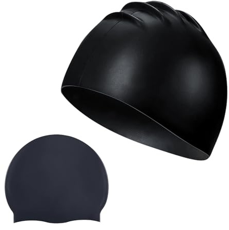 Silicone Swim Cap for Long Hair, Waterproof Swimming Hat for Adults Unisex, Comfortable Latex-Free Bathing Cap for Women Men (Black)