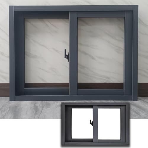Aluminium horisontell glidande källarfönsterersättning, 84 x 53 cm, mörkgrå ram, klart glas, justerbar 61 cm (24-127 tum), perfekt för renovering och energieffektivitet