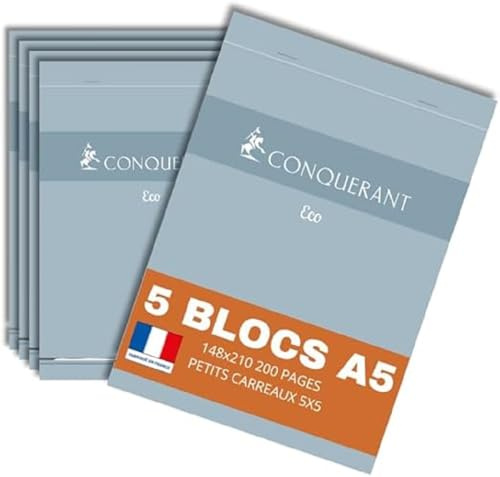 CONQUERANT lot de 5 Bloc-Notes Eco A5 Petits Carreaux 5mm 200 Pages Agrafées Tête Couverture Carte Bleue