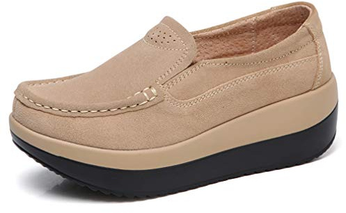 Solshine Mocassini da donna in pelle scamosciata con plateau, tacco a blocco, loafers, P025, albicocca, 36 EU