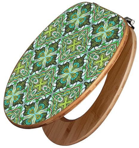 banjado Design WC Sitz Bambus 45x37,5cm / Toilettendeckel Holz/hochwertiger Toilettensitz/Bambus-Toilettendeckel für alle gängigen Toiletten - Grünes Muster