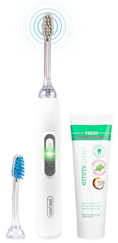 emmi®-dent Metallic Spazzolino Elettrico a Ultrasuoni (Kit Base Bianco) I Pulizia dei Denti Ottimale Senza Sfregare I Durata della Batteria Fino a 12 Giorni