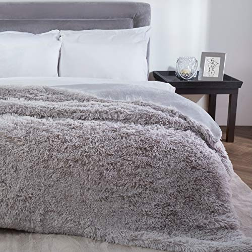 Sleepdown Silver Grey Luxury Long Pile Faux Fur Fleece Throw Over Sofa Super Soft Warm Cosy Bed Blanket Bedspread - 150 cm x 200 cm