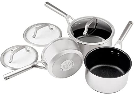 Ninja ZEROSTICK Stainless Steel Cookware 3-Piece Saucepan Set with Glass Lids, Long Lasting, Non-Stick Saucepans (16, 18 & 20cm), Induction Compatible, Oven Safe to 260°C, C63000UK