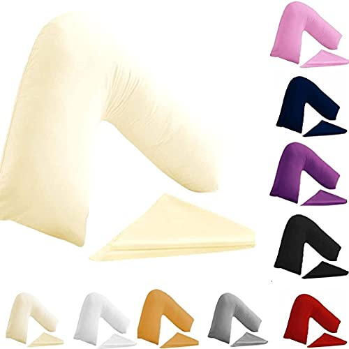 BuzzBuy Funda de almohada en forma de V, 100 % polialgodón, soporte para espalda y cuello, ortopédica, embarazo/lactancia, funda de almohada en V, cierre de sobre (crema)